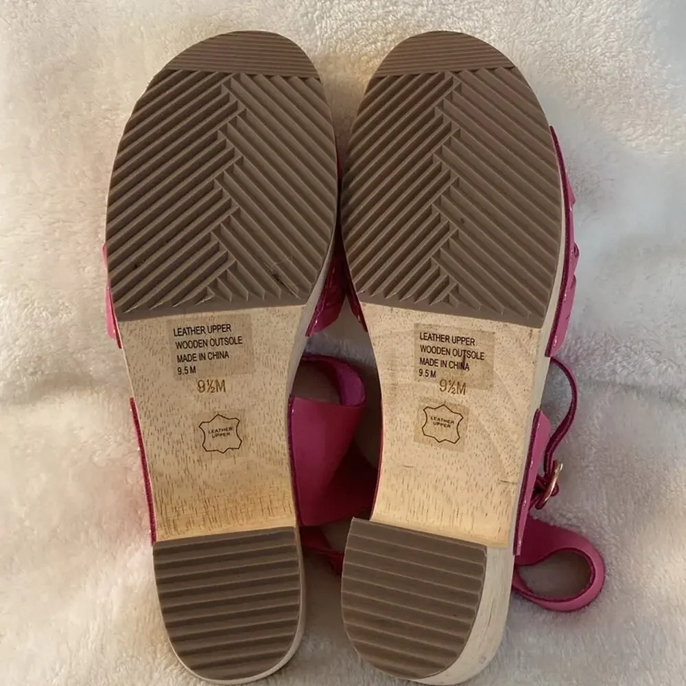 LOFT Pink Woven Leather Wooden Heel Clog Sandals